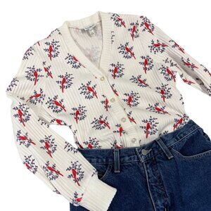 Julie Miller California Vintage 70s Retro Ribbed Cardigan Cardinal Print MED